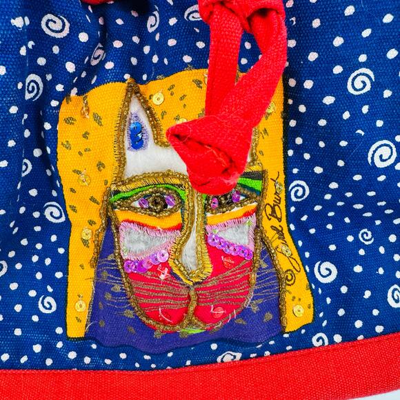 Laurel Burch Canvas Drawstring Tote Bag Purse Red Blue Cats Beaded Vintage - Picture 3 of 9